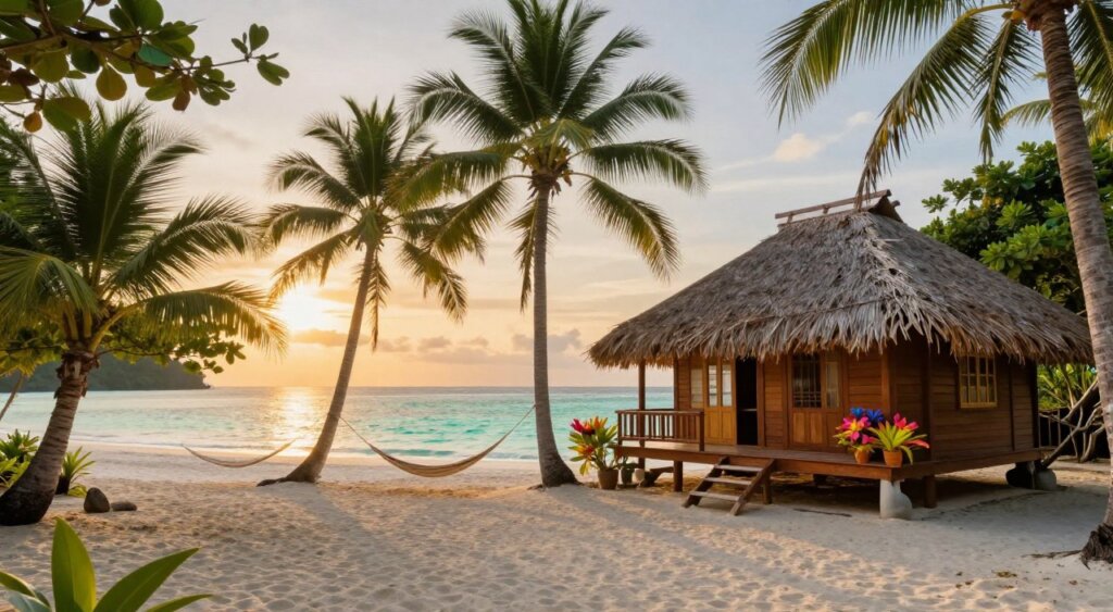 A serene Gili Islands bungalow surrounded by lush tropical greenery, situated on a sandy beach. The foreground features a charming wooden bungalow with thatched roof, adorned with colorful tropical flowers. In the middle ground, gently swaying palm trees create a relaxed atmosphere, with a few hammocks strung between them. The background showcases a breathtaking ocean view, with clear turquoise waters reflecting the golden sunset sky. Soft, warm lighting bathes the scene, enhancing the peaceful vibe and inviting tranquility. Use a wide-angle lens to capture the expansive landscape and create depth. Emphasize the idyllic charm of budget accommodation, aiming for a cozy yet picturesque setting that embodies the allure of the Gili Islands.