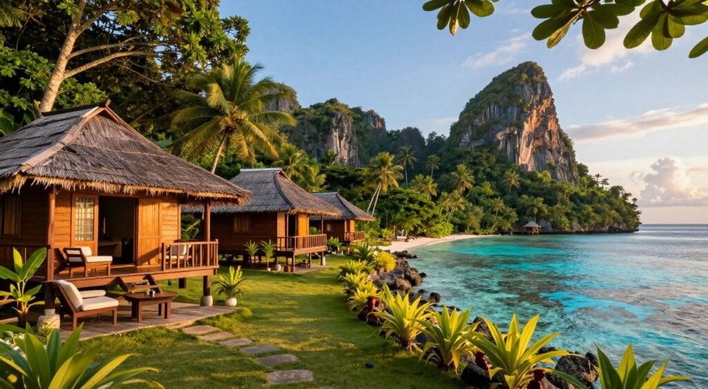 A serene Raja Ampat homestay accommodation, comprising traditional wooden bungalows nestled among lush tropical foliage. In the foreground, a cozy porch with comfortable seating overlooks vibrant coral reefs sprinkled with azure waters. The middle ground features a well-kept garden with native plants, creating a sense of tranquility. In the background, soaring limestone cliffs rise majestically above the clear sky, embracing the essence of this stunning locale. The scene is bathed in warm, golden sunset light, casting soft shadows and enhancing the vibrant colors of the natural surroundings. The mood is peaceful and inviting, perfect for relaxation and connection with nature. Shot with a wide-angle lens to capture depth and an immersive feel, with emphasis on the blending of architecture and the stunning seascape, encouraging viewers to imagine their stay in this idyllic setting.