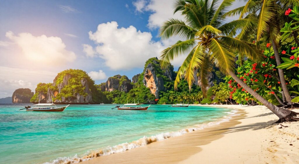 A serene Raja Ampat landscape in June, showcasing a lush tropical environment with vibrant green islands surrounded by crystal-clear turquoise waters. In the foreground, gentle waves lapping against the white sandy beach, with diverse tropical flora, like palm trees and colorful flowers, leaning slightly in a warm, soft breeze. The middle ground features a picturesque bay dotted with traditional wooden boats, reflecting the sunny sky. The background depicts dramatic limestone cliffs under a bright blue sky scattered with fluffy white clouds. The lighting is warm and inviting, mimicking the golden hour, enhancing the tranquil and idyllic mood of this tropical paradise. The composition captures the essence of a peaceful June day in Raja Ampat, evoking a sense of adventure and natural beauty.