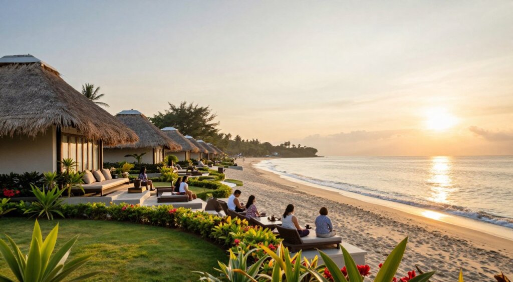 A serene Sanur beachfront view at sunrise, showcasing elegant accommodations lined along the shore. In the foreground, a beautifully manicured garden with tropical plants and vibrant flowers adds color. The middle layer features stylish bungalow-style hotels with thatched roofs, arranged harmoniously facing the sea. Guests, dressed in modest casual clothing, enjoy the early morning light on the beachfront terrace, sipping coffee. The background captures the calm waves lapping gently at the beach, while the sun rises, casting a warm golden hue over the scene. The atmosphere is tranquil and inviting, emphasizing relaxation and luxury. The image is taken with a wide-angle lens to encapsulate the expansive beauty of the beach, enhancing the sense of escape in this picturesque destination. A serene Sanur beachfront view at sunrise, showcasing elegant accommodations lined along the shore. In the foreground, a beautifully manicured garden with tropical plants and vibrant flowers adds color. The middle layer features stylish bungalow-style hotels with thatched roofs, arranged harmoniously facing the sea. Guests, dressed in modest casual clothing, enjoy the early morning light on the beachfront terrace, sipping coffee. The background captures the calm waves lapping gently at the beach, while the sun rises, casting a warm golden hue over the scene. The atmosphere is tranquil and inviting, emphasizing relaxation and luxury. The image is taken with a wide-angle lens to encapsulate the expansive beauty of the beach, enhancing the sense of escape in this picturesque destination.