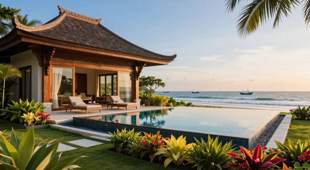 A serene Sanur villa rental, featuring a modern Balinese-style architecture with intricate wooden details and large glass windows. In the foreground, a lush garden filled with tropical plants and vibrant flowers creates a welcoming atmosphere. The middle ground showcases the villa's elegant infinity pool, reflecting the clear blue sky, with comfortable lounge chairs arranged around it. In the background, gentle waves of the Indian Ocean are visible, framed by a horizon dotted with distant fishing boats. The lighting is soft and warm, capturing the golden hues of sunset, creating an inviting and tranquil mood. The scene is viewed from a slightly elevated angle, enhancing the picturesque beauty of this idyllic rental destination. A serene Sanur villa rental, featuring a modern Balinese-style architecture with intricate wooden details and large glass windows. In the foreground, a lush garden filled with tropical plants and vibrant flowers creates a welcoming atmosphere. The middle ground showcases the villa's elegant infinity pool, reflecting the clear blue sky, with comfortable lounge chairs arranged around it. In the background, gentle waves of the Indian Ocean are visible, framed by a horizon dotted with distant fishing boats. The lighting is soft and warm, capturing the golden hues of sunset, creating an inviting and tranquil mood. The scene is viewed from a slightly elevated angle, enhancing the picturesque beauty of this idyllic rental destination.