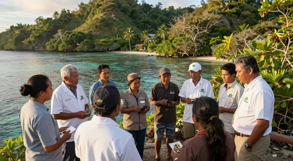 A serene and engaging scene depicting representatives of the Barefoot Conservation NGO in a lush, tropical environment, showcasing their eco-friendly initiatives in Raja Ampat. In the foreground, a diverse group of individuals, including scientists and local community members, engage in collaborative discussions while examining marine biodiversity, all dressed in modest, professional attire. The middle ground captures vibrant coral reefs visible through crystal-clear water, hinting at their conservation efforts. In the background, gently sloping hills adorned with rich, green foliage rise under a soft golden sunlight, creating a warm, inviting atmosphere. The image should embody a sense of partnership, unity, and commitment to preserving nature, captured with a slight aerial angle for depth, with warm, natural lighting reminiscent of golden hour.