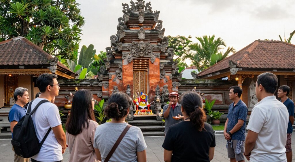 A serene and informative scene depicting the visiting hours and etiquette for temple tours in Seminyak. In the foreground, a diverse group of tourists in modest, casual clothing engaging respectfully with a local guide, who is explaining temple customs. Their expressions convey curiosity and respect. In the middle, a beautifully adorned Balinese temple with intricate stone carvings and colorful offerings captures attention. Lush tropical greenery surrounds the temple, highlighting the natural beauty of Seminyak. In the background, the soft light of late afternoon casts warm golden tones, creating a peaceful atmosphere. The perspective is slightly elevated, offering a comprehensive view of the scene, akin to a stunning National Geographic photograph, illustrating the harmonious blend of culture and nature. A serene and informative scene depicting the visiting hours and etiquette for temple tours in Seminyak. In the foreground, a diverse group of tourists in modest, casual clothing engaging respectfully with a local guide, who is explaining temple customs. Their expressions convey curiosity and respect. In the middle, a beautifully adorned Balinese temple with intricate stone carvings and colorful offerings captures attention. Lush tropical greenery surrounds the temple, highlighting the natural beauty of Seminyak. In the background, the soft light of late afternoon casts warm golden tones, creating a peaceful atmosphere. The perspective is slightly elevated, offering a comprehensive view of the scene, akin to a stunning National Geographic photograph, illustrating the harmonious blend of culture and nature.