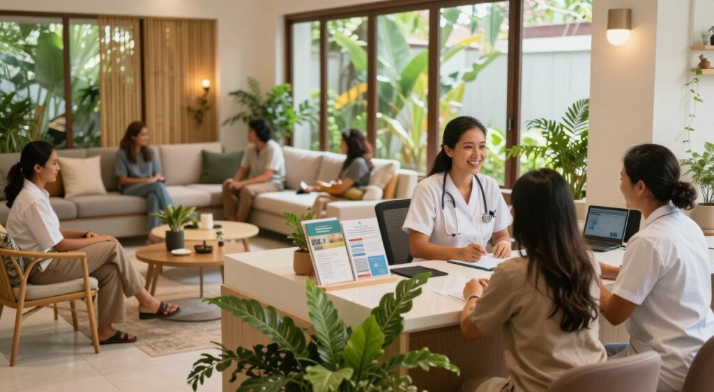 A serene and inviting Bali healthcare office, bustling with activity. In the foreground, an expat couple, dressed in casual yet professional attire, consult with a friendly healthcare professional at a sleek reception desk adorned with tropical plants. In the middle ground, various brochures on healthcare resources are displayed, alongside a modern waiting area featuring comfortable seating and natural elements like bamboo. The background showcases large windows allowing natural light to flood the space, with glimpses of lush greenery outside. The atmosphere is warm and welcoming, capturing the essence of the expat community in Bali. Soft, diffused lighting enhances the peaceful ambiance, and the composition is framed with a slightly elevated angle to provide a comprehensive view of the environment.