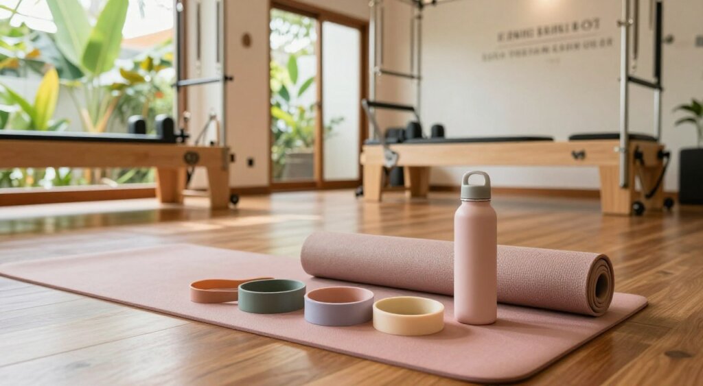 A serene and inviting scene of a Pilates studio preparation in Seminyak, Bali. In the foreground, a neatly arranged set of affordable Pilates essentials including a yoga mat, resistance bands, and a water bottle, all in soft pastel colors. In the middle, a spacious wooden-floored studio with large windows allowing natural light to flood in, illuminating the vibrant tropical plants outside. The background features soft white walls adorned with motivational quotes and simple decorative elements, evoking a calming atmosphere. The photo is shot with a Canon 50mm lens, capturing the rich textures of the mat and equipment, with warm, soft lighting to create a welcoming and relaxed mood, perfect for first-time participants in a Pilates class.