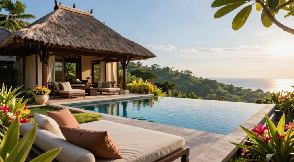 A serene and inviting scene of an Amed Bali villa, featuring a traditional Balinese architectural style with thatched roofs and open-air design. In the foreground, a beautifully arranged outdoor seating area with plush cushions invites relaxation, surrounded by tropical plants and vibrant flowers. The middle ground showcases the villa’s elegant pool, reflecting the clear blue sky, with gentle ripples creating a calming effect. In the background, lush green hills meet the horizon, with a hint of the ocean sparkling in the sunlight. The lighting is warm and soft, evoking a peaceful afternoon ambiance. The image is captured from a slightly elevated angle to emphasize the villa's layout, creating a sense of luxury and tranquility, perfect for prospective travelers considering their next getaway.