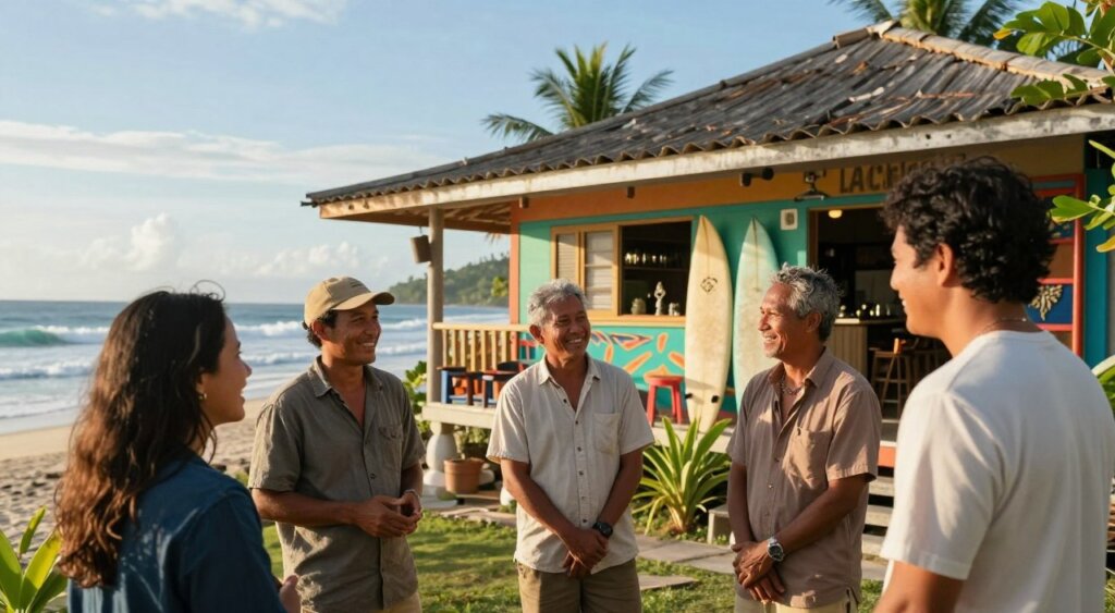 A serene and inviting scene of the Lombok Surf House community, featuring happy guests engaged in sharing testimonials about their experiences. In the foreground, a group of three to four diverse individuals dressed in modest casual clothing, smiling and animatedly discussing, with the surf house's colorful decor visible behind them. In the middle of the image, the rustic charm of the surf house is prominent, complete with surfboards displayed and tropical plants enhancing the vibe. The background showcases the breathtaking Lombok coastline, with gentle waves lapping the shore under a bright blue sky. The lighting is warm, suggesting late afternoon, creating a relaxed and welcoming atmosphere. The photo simulates a professional photojournalism style, resembling National Geographic quality, with a soft-focus effect on the background to highlight the guests' joy and camaraderie.