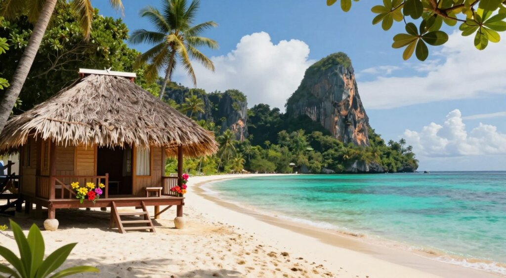 A serene and inviting view of an affordable homestay in Raja Ampat, set amid lush tropical greenery. In the foreground, a traditional wooden bungalow with a thatched roof, featuring a cozy porch adorned with colorful local flowers. In the middle ground, a tranquil sandy beach leads to crystal-clear turquoise waters, gently lapping at the shore. In the background, dramatic karst rock formations rise majestically from the sea under a bright blue sky with fluffy white clouds. The sunlight casts a warm, golden glow over the scene, creating a peaceful and welcoming atmosphere. The image captures the essence of eco-tourism and the beauty of nature, ideal for an article about homestay diving in Raja Ampat. A serene and inviting view of an affordable homestay in Raja Ampat, set amid lush tropical greenery. In the foreground, a traditional wooden bungalow with a thatched roof, featuring a cozy porch adorned with colorful local flowers. In the middle ground, a tranquil sandy beach leads to crystal-clear turquoise waters, gently lapping at the shore. In the background, dramatic karst rock formations rise majestically from the sea under a bright blue sky with fluffy white clouds. The sunlight casts a warm, golden glow over the scene, creating a peaceful and welcoming atmosphere. The image captures the essence of eco-tourism and the beauty of nature, ideal for an article about homestay diving in Raja Ampat.