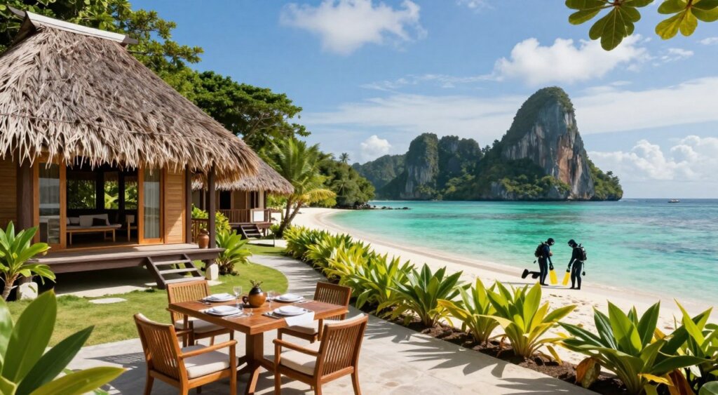 A serene and luxurious homestay in Raja Ampat, highlighting tropical wooden structures with thatched roofs surrounded by vibrant greenery. In the foreground, an elegantly arranged outdoor seating area overlooks the crystal-clear turquoise waters. A well-set dining table with local decor reflects an inviting atmosphere. The middle ground features a pathway lined with native plants leading to the beach, where a few divers in professional attire prepare their gear, showcasing a blend of adventure and relaxation. In the background, picturesque limestone islands rise sharply from the ocean, under a bright blue sky dotted with wispy clouds. Soft, warm sunlight bathes the scene, creating an inviting and peaceful mood, reminiscent of a luxury travel experience in paradise. A serene and luxurious homestay in Raja Ampat, highlighting tropical wooden structures with thatched roofs surrounded by vibrant greenery. In the foreground, an elegantly arranged outdoor seating area overlooks the crystal-clear turquoise waters. A well-set dining table with local decor reflects an inviting atmosphere. The middle ground features a pathway lined with native plants leading to the beach, where a few divers in professional attire prepare their gear, showcasing a blend of adventure and relaxation. In the background, picturesque limestone islands rise sharply from the ocean, under a bright blue sky dotted with wispy clouds. Soft, warm sunlight bathes the scene, creating an inviting and peaceful mood, reminiscent of a luxury travel experience in paradise.