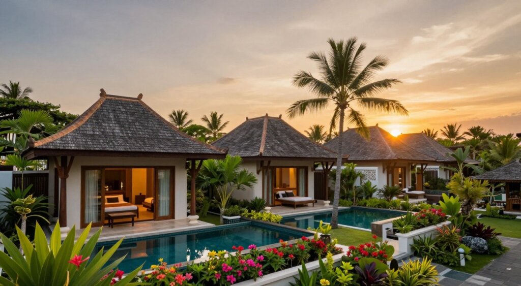 A serene and luxurious scene of Sanur Bali villas, showcasing elegant architecture with traditional Indonesian design elements. In the foreground, lush tropical gardens with vibrant flowers and tranquil swimming pools reflecting the sky. The middle ground features beautifully appointed villas with wooden verandas, large glass windows showcasing cozy interiors, and palm trees swaying gently. In the background, a stunning sunset casts warm golden and orange hues over the sky, illuminating the scene with soft, diffused lighting. Capture the essence of tranquility and sophistication, using a slight aerial angle to emphasize the layout and integration of nature. The mood is peaceful and inviting, evoking a sense of relaxation in this tropical paradise. Photographed in high resolution, ensuring remarkable detail and clarity. A serene and luxurious scene of Sanur Bali villas, showcasing elegant architecture with traditional Indonesian design elements. In the foreground, lush tropical gardens with vibrant flowers and tranquil swimming pools reflecting the sky. The middle ground features beautifully appointed villas with wooden verandas, large glass windows showcasing cozy interiors, and palm trees swaying gently. In the background, a stunning sunset casts warm golden and orange hues over the sky, illuminating the scene with soft, diffused lighting. Capture the essence of tranquility and sophistication, using a slight aerial angle to emphasize the layout and integration of nature. The mood is peaceful and inviting, evoking a sense of relaxation in this tropical paradise. Photographed in high resolution, ensuring remarkable detail and clarity.