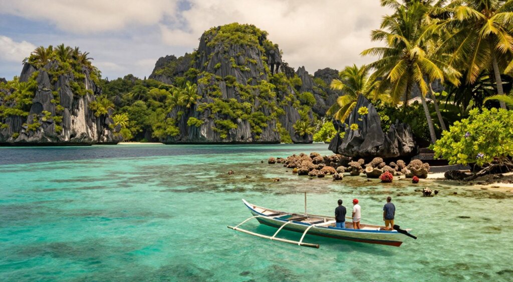 A serene and picturesque view of Raja Ampat, featuring crystal-clear turquoise waters and lush, green islands. In the foreground, a small traditional wooden boat gently floats on the calm sea, with a couple of tourists dressed in modest casual clothing, observing their surroundings. In the middle ground, vibrant coral reefs peek just beneath the water's surface, teeming with colorful marine life. The background showcases dramatic limestone cliffs rising majestically from the water, partially shaded by palm trees. The scene is illuminated by soft, warm sunlight, creating a tranquil and inviting atmosphere. The composition is captured with a wide-angle lens for depth, highlighting the expansive beauty of this tropical paradise, evoking the excitement of planning a dream vacation to Raja Ampat.
