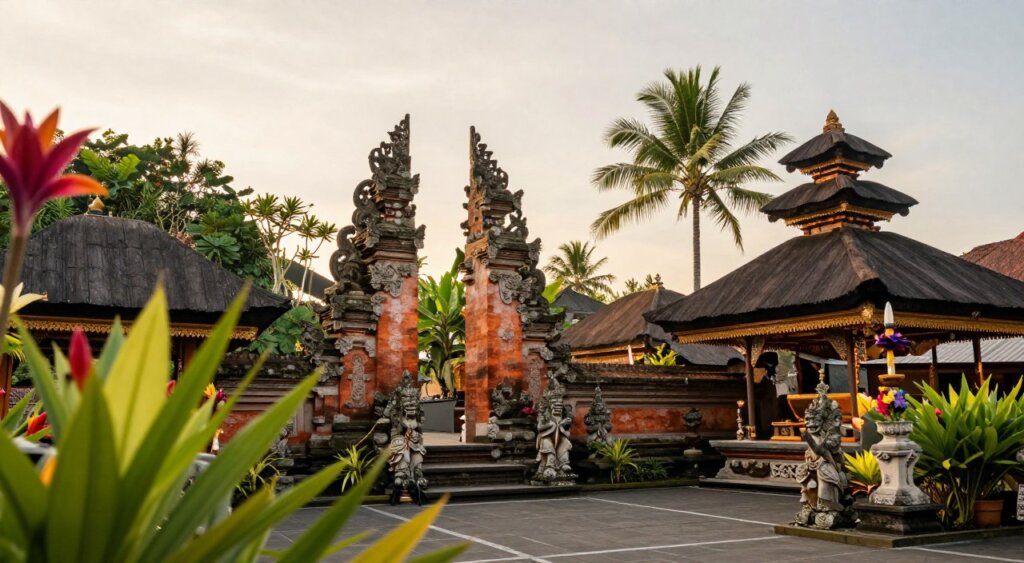 A serene and picturesque view of the sacred temples in Seminyak, Bathed in the warm, golden glow of early morning light, capturing the essence of tranquility. In the foreground, intricately carved stone statues and vibrant tropical flowers frame the scene, inviting viewers in. The middle ground features the iconic outlines of the temples, showcasing traditional Balinese architecture with ornate details and soft earth tones. In the background, lush greenery and palm trees gently sway in a light breeze, hinting at Bali’s idyllic landscape. The atmosphere is peaceful and contemplative, embodying the best time to visit these sacred sites. Shot with a slight upward angle to emphasize the grandeur of the temples, using a soft focus to enhance the feeling of serenity. A serene and picturesque view of the sacred temples in Seminyak, Bathed in the warm, golden glow of early morning light, capturing the essence of tranquility. In the foreground, intricately carved stone statues and vibrant tropical flowers frame the scene, inviting viewers in. The middle ground features the iconic outlines of the temples, showcasing traditional Balinese architecture with ornate details and soft earth tones. In the background, lush greenery and palm trees gently sway in a light breeze, hinting at Bali’s idyllic landscape. The atmosphere is peaceful and contemplative, embodying the best time to visit these sacred sites. Shot with a slight upward angle to emphasize the grandeur of the temples, using a soft focus to enhance the feeling of serenity.