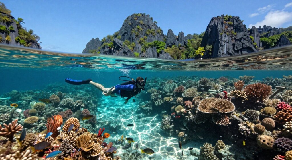 A serene and stunning underwater scene depicting a freediver exploring the vibrant marine life of Raja Ampat, Indonesia. In the foreground, the diver, wearing a fitted wetsuit and a snorkel, glides gracefully through crystal-clear turquoise waters, surrounded by colorful coral reefs teeming with diverse fish species. The middle ground showcases a mesmerizing array of corals, with sunlight filtering through the water's surface, creating shimmering patterns and illuminating the underwater landscape. In the background, jagged limestone islands rise majestically from the ocean, partially shrouded in tropical greenery, against a bright azure sky. The atmosphere conveys a sense of tranquility and adventure, capturing the essence of freediving in this breathtaking location. The image should be composed in a dynamic angle, using natural light to highlight the textures and colors of the underwater ecosystem. A serene and stunning underwater scene depicting a freediver exploring the vibrant marine life of Raja Ampat, Indonesia. In the foreground, the diver, wearing a fitted wetsuit and a snorkel, glides gracefully through crystal-clear turquoise waters, surrounded by colorful coral reefs teeming with diverse fish species. The middle ground showcases a mesmerizing array of corals, with sunlight filtering through the water's surface, creating shimmering patterns and illuminating the underwater landscape. In the background, jagged limestone islands rise majestically from the ocean, partially shrouded in tropical greenery, against a bright azure sky. The atmosphere conveys a sense of tranquility and adventure, capturing the essence of freediving in this breathtaking location. The image should be composed in a dynamic angle, using natural light to highlight the textures and colors of the underwater ecosystem.