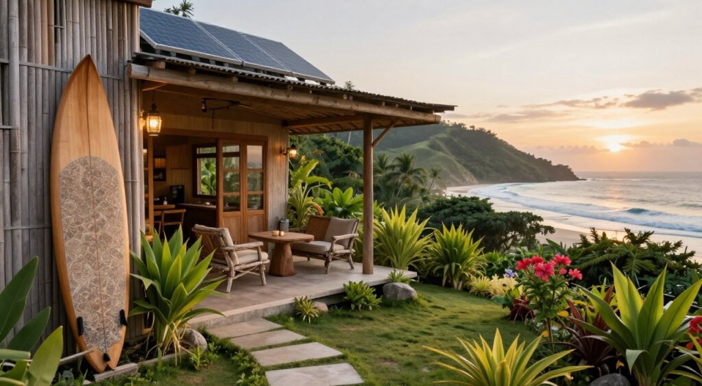 A serene and sustainable surf house nestled in the lush landscapes of Lombok, showcasing eco-friendly practices. In the foreground, a beautifully crafted wooden surfboard rests against a bamboo wall, with vibrant green plants and solar panels illuminating the space. The middle ground features a cozy terrace with rustic furniture made from reclaimed materials, while a sustainable garden blooms with native flora. In the background, rolling hills and gentle waves of the ocean meet under a soft golden sunset. The atmosphere is relaxed and inviting, reflecting a harmonious lifestyle. Use soft, natural lighting to enhance the warm tones of wood and greenery, and capture this scene with a wide-angle lens at eye level for an immersive feel.
