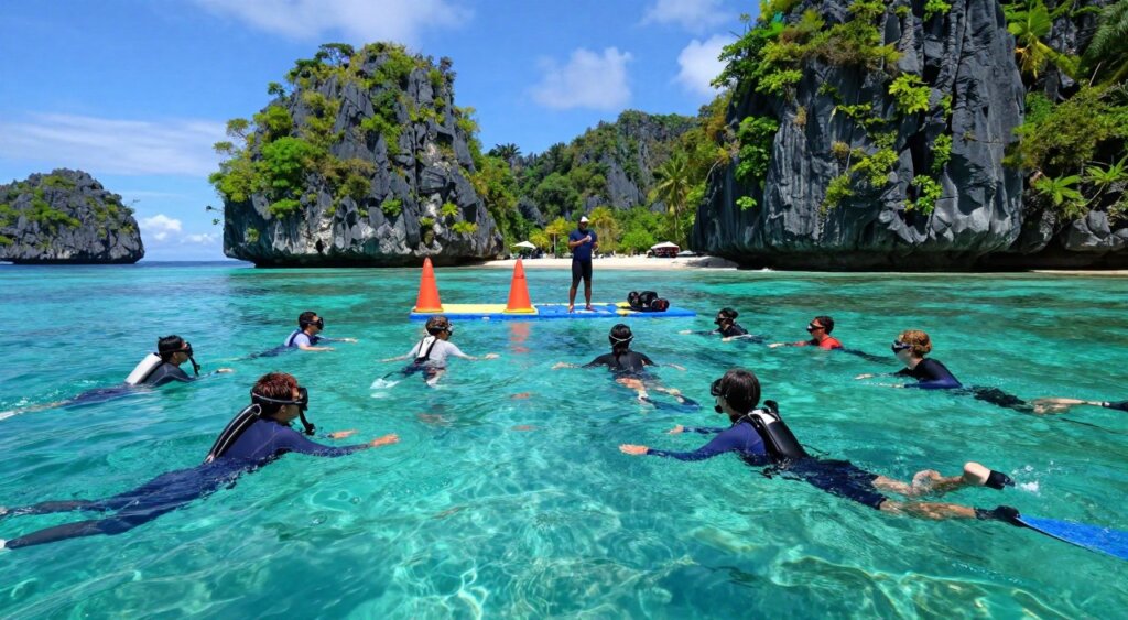 A serene and vibrant Raja Ampat freediving center, showcasing a dynamic training session in crystal-clear turquoise waters. In the foreground, a diverse group of freedivers, wearing modest wetsuits and training gear, practice breath-holding techniques on the surface, their expressions focused and determined. The middle ground features an instructor demonstrating safety techniques, with buoy markers and a floating platform equipped with training equipment visible nearby. In the background, stunning limestone karsts rise dramatically from the water, adorned with lush greenery under a bright blue sky. The scene is illuminated by soft, natural sunlight, creating sparkling reflections on the water’s surface. The overall atmosphere is serene yet purposeful, capturing the essence of professional freediving training amidst breathtaking nature.