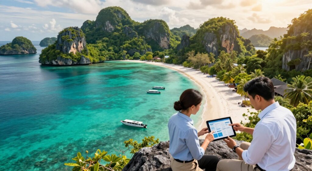 A serene and vibrant aerial view of Raja Ampat's stunning seascape, showcasing crystal-clear turquoise waters surrounded by lush green islands. In the foreground, two professional individuals, dressed in business casual attire, are engaged in a discussion while analyzing data on a tablet, representing eSIM provider comparisons. In the middle ground, a picturesque beach with soft white sand complements the scene, with a few boats anchored offshore. The background highlights dramatic limestone cliffs and rich biodiversity, typical of the region. The image is captured in natural lighting during the golden hour, creating a warm, inviting atmosphere, with a wide-angle lens that emphasizes the expansive beauty of Raja Ampat. The overall mood is one of professionalism, innovation, and exploration. A serene and vibrant aerial view of Raja Ampat's stunning seascape, showcasing crystal-clear turquoise waters surrounded by lush green islands. In the foreground, two professional individuals, dressed in business casual attire, are engaged in a discussion while analyzing data on a tablet, representing eSIM provider comparisons. In the middle ground, a picturesque beach with soft white sand complements the scene, with a few boats anchored offshore. The background highlights dramatic limestone cliffs and rich biodiversity, typical of the region. The image is captured in natural lighting during the golden hour, creating a warm, inviting atmosphere, with a wide-angle lens that emphasizes the expansive beauty of Raja Ampat. The overall mood is one of professionalism, innovation, and exploration.