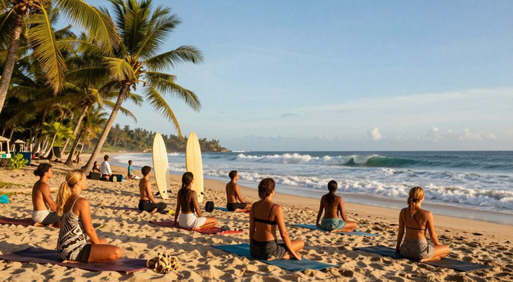 A serene beach scene in Indonesia showcasing a vibrant surf and yoga retreat. In the foreground, a diverse group of individuals practicing yoga on their mats with a backdrop of crashing waves. Their clothing is modest yet stylish, reflecting the tropical setting. In the middle, surfboards stand upright in the sand, hinting at upcoming surf lessons. The background features lush palm trees gently swaying in the breeze, with a clear blue sky and the sun beginning to set, casting warm golden light over the scene. Capture the atmosphere of tranquility and adventure in a professional photojournalism style, emphasizing the harmony between the ocean and the practice of yoga. Use a wide-angle lens to encompass the beauty of the surrounding landscape.