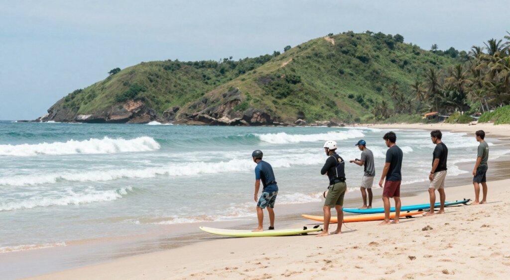 A serene beach scene in Lombok showcasing essential surf safety tips. In the foreground, a group of diverse surfers in modest casual clothing displays safety gear, including helmets and impact vests, while demonstrating proper techniques like checking surf conditions and using surf leashes. The middle ground features gentle waves perfect for beginners, with vibrant surfboards lined up on the beach, emphasizing a safe surfing experience. In the background, lush green hills rise against a clear blue sky, capturing Lombok's natural beauty. Use soft, natural lighting to create an inviting atmosphere, shot from a slightly elevated angle, reminiscent of a professional photojournalism style, evoking a sense of adventure while prioritizing safety.