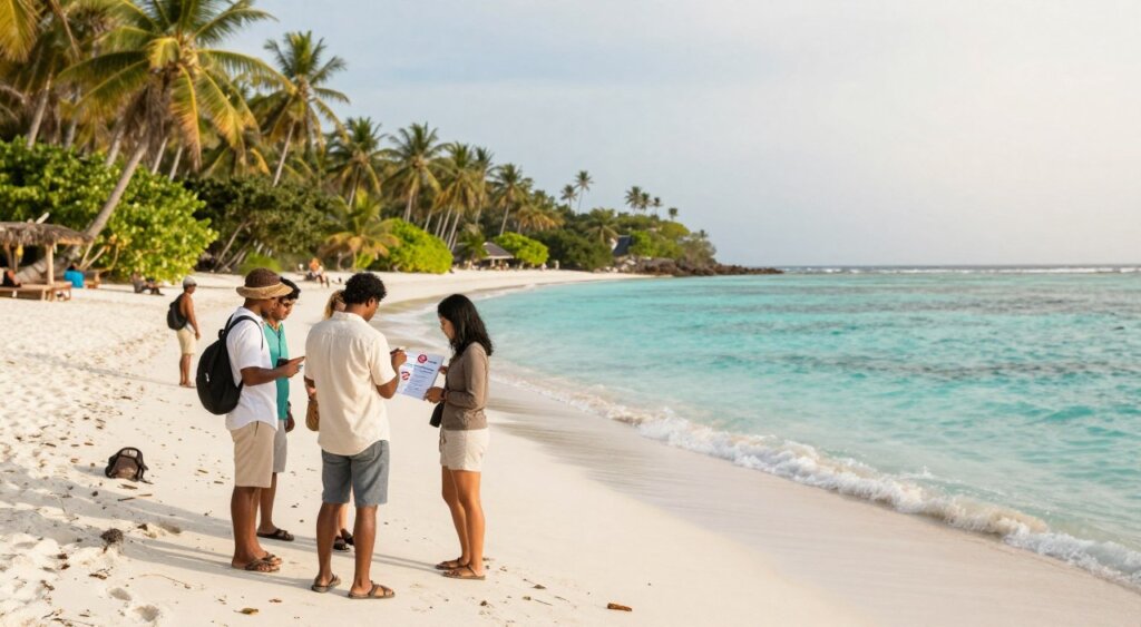 A serene beach scene on Gili Islands, capturing a picturesque landscape with crystal-clear turquoise waters gently lapping against white sandy shores in the background. In the foreground, a group of travelers, dressed in modest casual clothing, are reviewing a safety guide, discussing health tips and safety precautions. The middle ground features lush palm trees and vibrant green vegetation, enhancing the tropical feel. Soft, warm sunlight filters through the trees, casting gentle shadows, creating a tranquil and inviting atmosphere. The angle is slightly elevated, providing an expansive view of the beach and the travelers, evoking a sense of calm and awareness. Aim for a professional photojournalism style with a focus on realism, ensuring details are sharp and colors are vibrant. A serene beach scene on Gili Islands, capturing a picturesque landscape with crystal-clear turquoise waters gently lapping against white sandy shores in the background. In the foreground, a group of travelers, dressed in modest casual clothing, are reviewing a safety guide, discussing health tips and safety precautions. The middle ground features lush palm trees and vibrant green vegetation, enhancing the tropical feel. Soft, warm sunlight filters through the trees, casting gentle shadows, creating a tranquil and inviting atmosphere. The angle is slightly elevated, providing an expansive view of the beach and the travelers, evoking a sense of calm and awareness. Aim for a professional photojournalism style with a focus on realism, ensuring details are sharp and colors are vibrant.