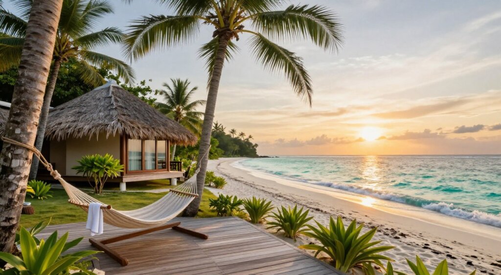 A serene beach view of Gili Islands accommodation, showcasing a luxurious beachfront bungalow with wooden decking surrounded by tropical greenery. In the foreground, a cozy hammock sways gently between palm trees, with beach towels draped casually nearby. The middle ground features the beautifully designed bungalow with thatched roof, large windows overlooking the turquoise sea, and lush plants. In the background, soft waves caress the shoreline under a vibrant sunset, casting warm golden hues across the sky and reflecting on the water. The scene is illuminated by soft, natural light, creating a tranquil and inviting atmosphere, perfect for relaxation. Capture it with a wide-angle lens for an expansive, immersive feel. A serene beach view of Gili Islands accommodation, showcasing a luxurious beachfront bungalow with wooden decking surrounded by tropical greenery. In the foreground, a cozy hammock sways gently between palm trees, with beach towels draped casually nearby. The middle ground features the beautifully designed bungalow with thatched roof, large windows overlooking the turquoise sea, and lush plants. In the background, soft waves caress the shoreline under a vibrant sunset, casting warm golden hues across the sky and reflecting on the water. The scene is illuminated by soft, natural light, creating a tranquil and inviting atmosphere, perfect for relaxation. Capture it with a wide-angle lens for an expansive, immersive feel.