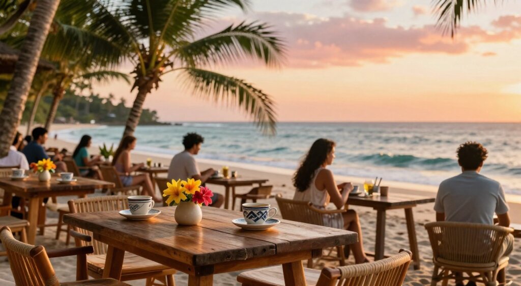 A serene beachfront café in Seminyak, Bali, bathed in warm golden sunlight during the golden hour. In the foreground, a rustic wooden table adorned with fresh tropical flowers and artistic coffee cups, inviting guests to relax. The middle ground features stylish patrons in modest casual clothing enjoying their time, with lush green palms swaying gently in the breeze. The background showcases a tranquil ocean view, crystal-clear waters meeting soft white sands and a vibrant sky painted in hues of orange and pink. Use a shallow depth of field to softly blur the background while keeping the café and patrons in sharp focus, creating an inviting and atmospheric scene that captures the essence of relaxed island life.