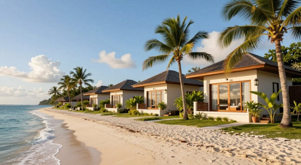 A serene beachfront property in Lombok, showcasing stunning villas with modern architecture nestled amidst lush tropical gardens. In the foreground, soft white sand and gentle waves lapping at the shore create a tranquil atmosphere. In the middle ground, elegant villas with large glass windows, wooden balconies, and vibrant greenery are framed by palm trees swaying in the breeze. The background features the majestic blue sea merging with a clear sky, dotted with a few fluffy clouds. The lighting is warm, capturing the golden hue of a late afternoon sun, enhancing the inviting feel of the scene. The image is taken from a slightly elevated angle, offering a panoramic view of this idyllic investment location. The mood evokes luxury, relaxation, and the promise of peaceful living.