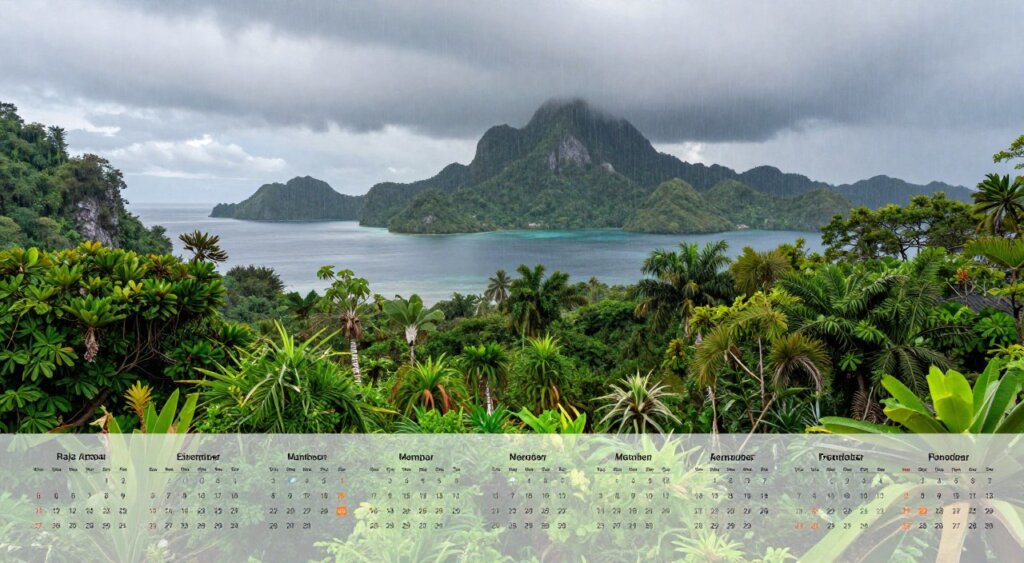 A serene calendar illustration highlighting the best time to visit Raja Ampat during the rainy season. In the foreground, a detailed monthly calendar layout showcases rich, vibrant colors representing each month, with small icons indicating rainfall intensity. In the middle ground, depict lush green tropical vegetation typical of Raja Ampat, interspersed with hints of rain to evoke the season. The background features the stunning islands of Raja Ampat, with dramatic cloud formations and rain showers creating a moody atmosphere. Use soft natural lighting to enhance the lushness of the environment, captured with a wide-angle lens to provide depth. This image should convey a sense of beauty and tranquility, focusing on the allure of Raja Ampat during its rainy season.