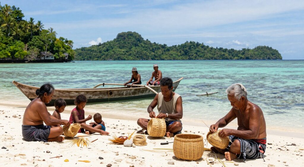 A serene coastal scene in Raja Ampat depicting an indigenous community, featuring a group of people engaged in traditional activities. In the foreground, elders are weaving intricate baskets from local materials while children play nearby, all dressed in modest, culturally appropriate clothing. The middle ground showcases a wooden canoe resting beside a vibrant coral reef, with lush green islands visible in the distance. The background includes clear turquoise waters under a bright, sunny sky, creating a tranquil and inviting atmosphere. The lighting is warm and natural, evoking a sense of harmony with nature, captured with a wide-angle lens to accentuate the beauty of the landscape. Aim for a professional and authentic photojournalism style, reminiscent of National Geographic quality imagery.