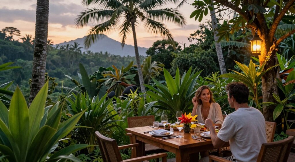 A serene dining setup in the lush Lombok jungle, featuring a beautifully arranged wooden table with elegant dinnerware and tropical flowers. In the foreground, a couple dressed in modest casual clothing enjoys a meal, surrounded by vibrant green foliage and the soft glow of lanterns that cast warm light. The middle ground showcases diverse tropical plants and the hint of exotic wildlife, creating a sense of immersion in nature. In the background, towering palm trees and the soft silhouette of distant mountains can be seen under a dusky sunset sky. The image captures a tranquil and enchanting atmosphere, emphasizing the unique dining experience in this stunning natural setting, reminiscent of a National Geographic expedition.
