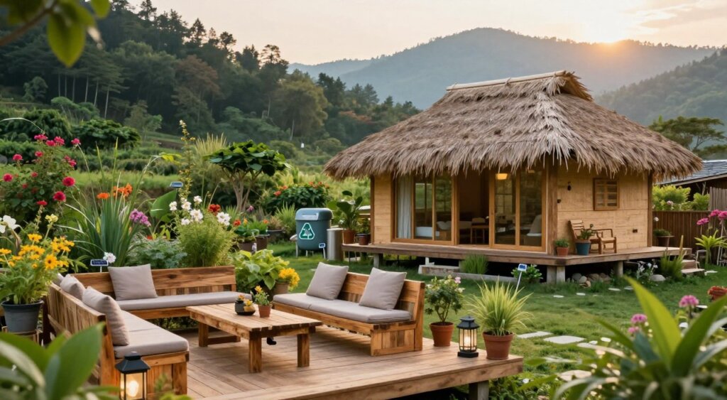 A serene eco-friendly homestay surrounded by lush greenery and vibrant flowers, showcasing sustainable practices at Yenros Homestay. In the foreground, a cozy wooden deck with comfortable seating made from reclaimed materials, adorned with potted herbs and solar-powered lanterns. In the middle, a charming thatched-roof cottage featuring large windows that blend seamlessly with the natural environment, recycling water systems visible in a garden. In the background, a picturesque landscape of forests and mountains under a warm golden hour light. The atmosphere conveys tranquility and harmony with nature, emphasizing eco-conscious living. Use a soft focus lens with a slight depth of field to create an inviting, warm mood, perfect for photojournalistic storytelling.
