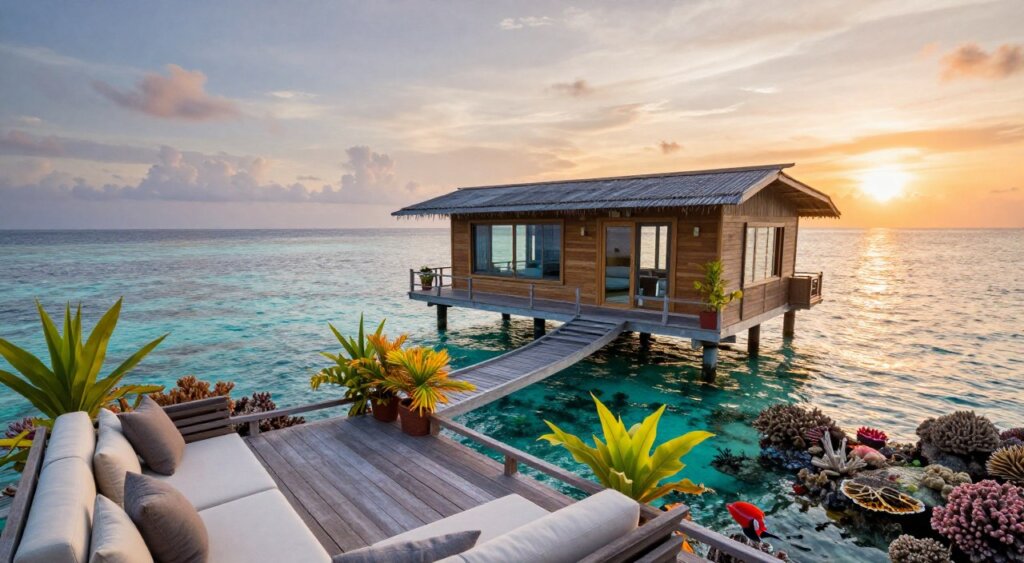 A serene eco-friendly liveaboard accommodation anchored in the crystal-clear waters of Raja Ampat. In the foreground, a beautifully designed wooden deck with comfortable seating and vibrant tropical plants. The midground features an elegant and sustainable floating cabin made from natural materials, with large windows overlooking the ocean, reflecting a commitment to environmental harmony. Surrounding the liveaboard is a rich underwater scene, dotted with colorful coral reefs and diverse marine life visible beneath the surface. The background captures a stunning sunset with warm hues illuminating the sky, adding a peaceful ambiance. The lighting is soft, creating a tranquil atmosphere, while the perspective is slightly angled from above, offering a comprehensive view of this eco-conscious paradise, reminiscent of National Geographic's photojournalism standards. A serene eco-friendly liveaboard accommodation anchored in the crystal-clear waters of Raja Ampat. In the foreground, a beautifully designed wooden deck with comfortable seating and vibrant tropical plants. The midground features an elegant and sustainable floating cabin made from natural materials, with large windows overlooking the ocean, reflecting a commitment to environmental harmony. Surrounding the liveaboard is a rich underwater scene, dotted with colorful coral reefs and diverse marine life visible beneath the surface. The background captures a stunning sunset with warm hues illuminating the sky, adding a peaceful ambiance. The lighting is soft, creating a tranquil atmosphere, while the perspective is slightly angled from above, offering a comprehensive view of this eco-conscious paradise, reminiscent of National Geographic's photojournalism standards.