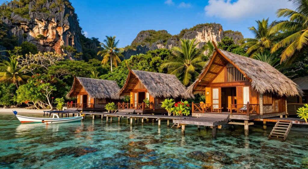 A serene eco-friendly resort nestled in the lush tropical landscape of Raja Ampat, showcasing sustainably designed bungalows made from natural materials. In the foreground, vibrant coral reefs are visible through crystal-clear water, with small boats anchored nearby. The middle ground features wooden walkways connecting the bungalows, surrounded by green foliage and tropical flowers. In the background, dramatic limestone cliffs rise against a brilliant blue sky, illuminated by warm, golden sunlight that casts soft shadows across the scene. The atmosphere is tranquil and inviting, with a sense of harmony between nature and sustainable living. This image captures the essence of eco-tourism, emphasizing the resort’s commitment to environmental preservation and the beauty of its natural surroundings.