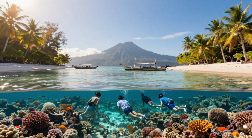 A serene eco-tourism scene on the Gili Islands, showcasing vibrant coral reefs in crystal-clear waters teeming with colorful marine life. In the foreground, a small group of tourists in modest casual clothing snorkel, marveling at the underwater beauty. The middle ground features traditional wooden boats gently bobbing on the waves, with lush palm trees lining the pristine white sand beaches. In the background, the distant silhouette of Mount Rinjani rises against a clear blue sky, emphasizing the natural beauty of the islands. Soft, golden sunlight filters through the trees, creating a warm, inviting atmosphere. The composition should evoke a sense of tranquility and adventure, framed as if captured through a wide-angle lens to encompass the breathtaking landscape in rich detail. A serene eco-tourism scene on the Gili Islands, showcasing vibrant coral reefs in crystal-clear waters teeming with colorful marine life. In the foreground, a small group of tourists in modest casual clothing snorkel, marveling at the underwater beauty. The middle ground features traditional wooden boats gently bobbing on the waves, with lush palm trees lining the pristine white sand beaches. In the background, the distant silhouette of Mount Rinjani rises against a clear blue sky, emphasizing the natural beauty of the islands. Soft, golden sunlight filters through the trees, creating a warm, inviting atmosphere. The composition should evoke a sense of tranquility and adventure, framed as if captured through a wide-angle lens to encompass the breathtaking landscape in rich detail.
