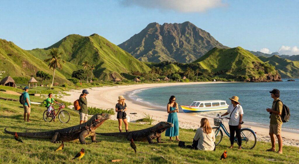 A serene landscape of Lombok and Komodo, showcasing responsible tourism practices. In the foreground, a diverse group of travelers dressed in eco-friendly attire responsibly engaging with local wildlife, such as Komodo dragons and tropical birds, highlighting conservation efforts. The middle ground features lush green hills and pristine beaches, with a focus on sustainable transportation methods like bicycles and electric boats. In the background, the iconic volcanic peaks of Lombok rise under a clear blue sky, radiating natural beauty. The scene is bathed in warm, golden hour lighting, creating a peaceful, inviting atmosphere that emphasizes harmony with nature. The composition captures the essence of eco-tourism and respect for local cultures, framed with National Geographic-quality clarity and detail.