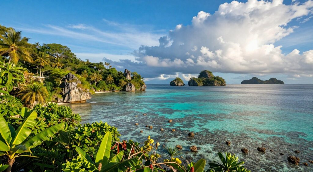A serene landscape of Raja Ampat's climate seasons, capturing the vivid transitions between wet and dry seasons. In the foreground, lush green tropical flora and vibrant coral reefs teeming with marine life, displaying the rich biodiversity. The middle ground features clear turquoise waters gently lapping against limestone cliffs, with scattered small islands under a bright blue sky. In the background, dramatic storms form over distant islands, illustrating the dynamic weather patterns. The lighting is warm and inviting, suggesting midday sun, casting soft shadows. The angle is slightly elevated, providing a panoramic view of the breathtaking seascape. The atmosphere is tranquil yet alive, embodying the natural beauty and climatic diversity of Raja Ampat.