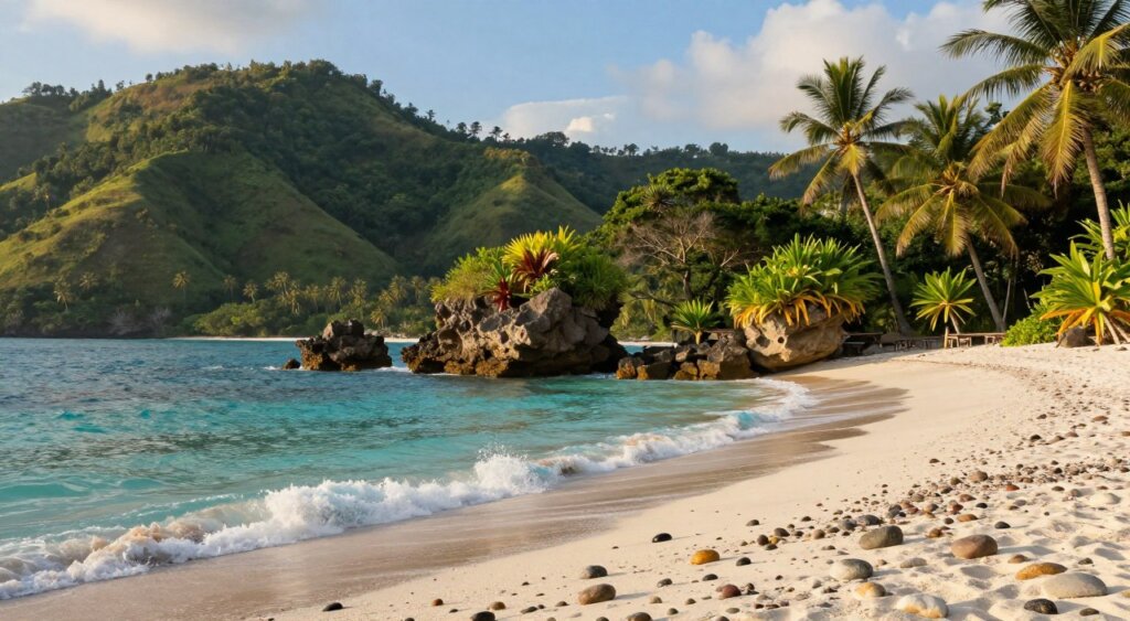 A serene landscape view of hidden gems in Lombok Ekas, showcasing a lush, green coastline with shimmering turquoise waters. In the foreground, gentle waves caress a pristine white sand beach dotted with smooth, colorful pebbles. The middle ground features rocky outcrops, adorned with vibrant tropical plants and cascading palm trees. In the background, rolling hills rise steeply, cloaked in dense jungle, while a clear blue sky and soft, wispy clouds enhance the tranquil atmosphere. Soft, warm lighting creates a golden hour effect, casting long shadows and emphasizing the textures in the landscape. This image should evoke a sense of peace and discovery, inviting viewers to explore the natural beauty of Lombok Ekas. A serene landscape view of hidden gems in Lombok Ekas, showcasing a lush, green coastline with shimmering turquoise waters. In the foreground, gentle waves caress a pristine white sand beach dotted with smooth, colorful pebbles. The middle ground features rocky outcrops, adorned with vibrant tropical plants and cascading palm trees. In the background, rolling hills rise steeply, cloaked in dense jungle, while a clear blue sky and soft, wispy clouds enhance the tranquil atmosphere. Soft, warm lighting creates a golden hour effect, casting long shadows and emphasizing the textures in the landscape. This image should evoke a sense of peace and discovery, inviting viewers to explore the natural beauty of Lombok Ekas.