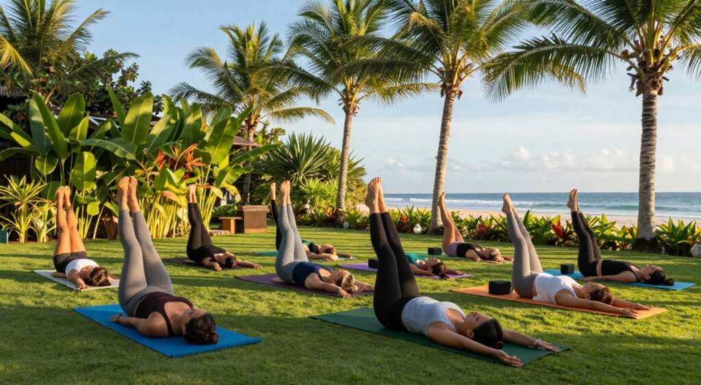 A serene outdoor Pilates class set in a lush garden in Seminyak, Bali. In the foreground, a diverse group of individuals in professional yet modest activewear are engaged in various Pilates poses on colorful mats, showcasing determination and focus. In the middle ground, tropical plants and palm trees create a vibrant backdrop, while a hint of ocean waves and sandy beach can be seen in the distance under a clear blue sky. The lighting is warm and inviting, suggesting a late afternoon glow, enhancing the tranquil atmosphere. The scene captures the essence of maintaining a consistent Pilates practice, reflecting wellness and vitality in a picturesque location.