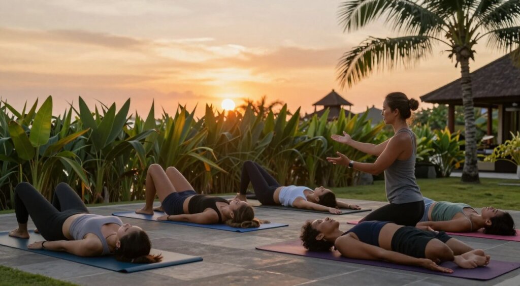 A serene outdoor Pilates class taking place in Seminyak, Bali during the golden hour. In the foreground, a diverse group of five individuals of various ethnicities, dressed in modest athletic wear, practice Pilates on colorful mats. The instructor, a fit, focused woman, guides them through poses with a gentle, encouraging demeanor. In the middle ground, lush tropical plants sway softly in the evening breeze, creating a calming ambiance. The background features a hint of Bali's iconic architecture and palm trees silhouetted against a vibrant sunset sky, casting warm, soft light that enhances the peaceful atmosphere. The image captures the essence of relaxation and wellness, embodying the spirit of Seminyak Pilates in a natural setting.