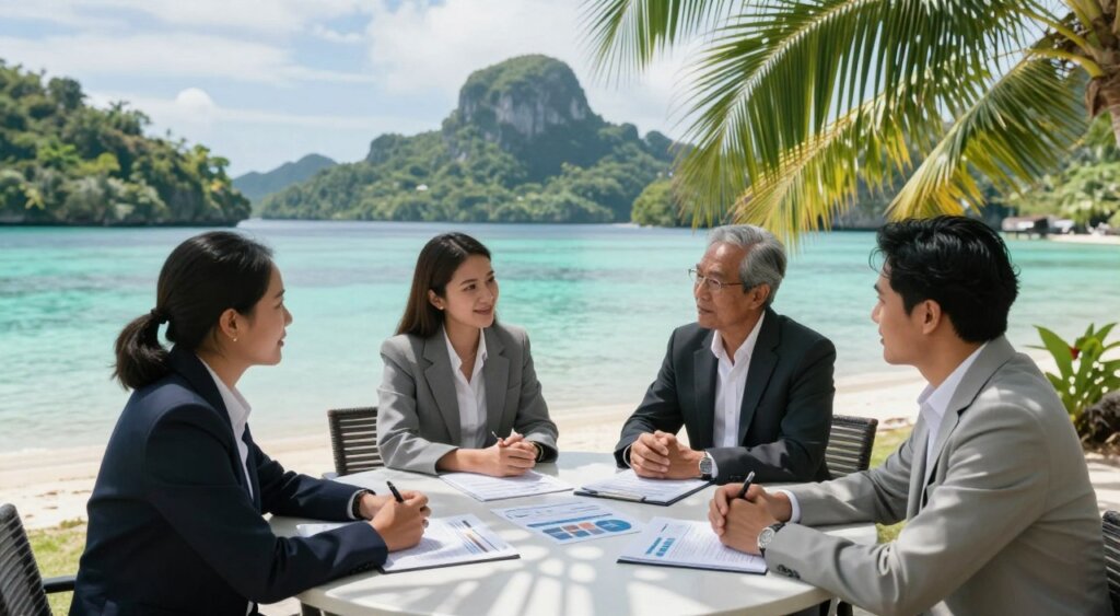 A serene outdoor scene depicting a picturesque Raja Ampat landscape, featuring turquoise waters and lush tropical islands in the background. In the foreground, a diverse group of three professionals dressed in smart business attire, engaged in a discussion. They are gathered around a modern tabletop displaying financing documents and charts related to real estate. Soft, natural sunlight filters through palm leaves, creating dappled light patterns on the table. The camera angle is slightly elevated, capturing the beauty of the surroundings and the focus of the meeting. The mood is optimistic and professional, conveying a sense of opportunity and collaboration amidst the stunning scenery of Raja Ampat.