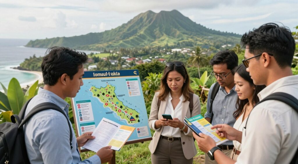 A serene outdoor scene depicting travel safety and health tips for exploring Lombok, Indonesia. In the foreground, a diverse group of travelers dressed in professional business attire and modest casual clothing consult a colorful travel guide while using a smartphone. The middle ground features a vividly illustrated map of Lombok, highlighting safe locations, health advice, and emergency contact numbers. The background shows lush greenery, volcanic mountains, and iconic beaches under soft, natural lighting, capturing the tranquil atmosphere of the island. The angle is slightly elevated, showcasing both the travelers' engagement with the tips and the stunning landscape of Lombok. The overall mood conveys a sense of preparedness and adventure, encouraging safe exploration of the destination.