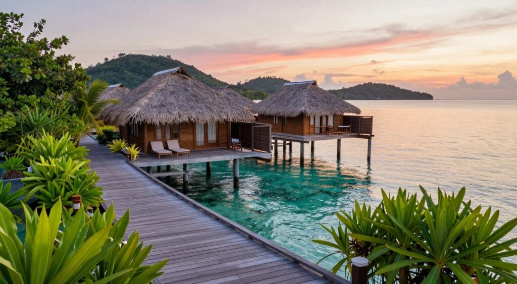 A serene overwater bungalow accommodation in Gili Meno, captured from a slight aerial angle. In the foreground, the wooden walkway leading to the bungalow is framed by lush tropical plants, adding a touch of vibrant greenery. The bungalow boasts a thatched roof, wooden deck, and sun loungers, inviting relaxation. The middle ground features calm, crystal-clear turquoise waters gently lapping against the posts of the bungalow, reflecting the soft orange and pink hues of a tropical sunrise. In the background, small, gently sloping hills covered in dense foliage rise up, suggesting the untouched beauty of the island. The overall mood is tranquil and inviting, evoking a sense of peace, perfect for a getaway. Natural lighting enhances the warm tones, casting soft shadows, creating a dreamlike quality to the scene.