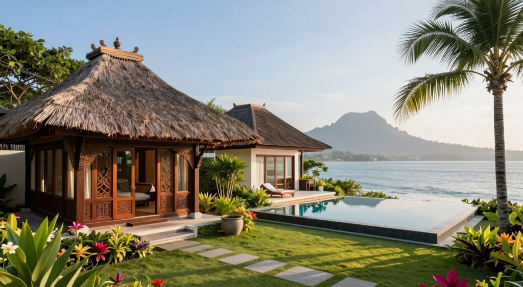 A serene, picturesque scene showcasing various types of Amed Bali villas. In the foreground, a traditional Balinese villa with ornate wooden carvings and a thatched roof is elegantly framed by lush tropical gardens, featuring vibrant flowers and palm trees. In the middle ground, a modern luxury villa with a sleek design and private infinity pool reflects the serene ocean, emphasizing contrasting architectural styles. The background reveals the stunning blue waters of the Bali coast and the silhouette of distant mountains under a bright, clear sky. The lighting is soft and natural, capturing the tranquility of the early morning. The overall atmosphere is peaceful and inviting, creating a perfect blend of traditional and contemporary Balinese architecture, ideal for a travel-focused article.