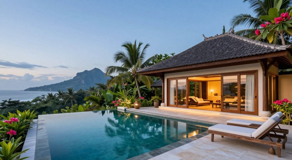A serene private pool villa in Amed, Bali, surrounded by lush tropical greenery and vibrant flowers. In the foreground, there is an inviting infinity pool reflecting the clear blue sky, with comfortable lounge chairs placed nearby. The middle portion showcases the villa's exquisite architecture, featuring natural wooden elements and large glass windows that blend seamlessly with the outdoor environment. In the background, majestic mountains and the distant ocean horizon provide a stunning backdrop. Soft, warm lighting evokes a tranquil atmosphere, and the photo is captured at dusk to enhance the peaceful mood. The angle is slightly elevated, offering a comprehensive view of the villa and its surroundings. The scene is peaceful, emphasizing relaxation and luxury in a tropical paradise without any human presence.