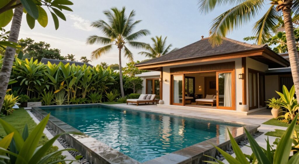 A serene private pool villa in Sanur, Bali, featuring lush tropical gardens and an inviting infinity pool. In the foreground, the pool glistens under the warm sunlight, surrounded by vibrant greenery and well-manicured landscaping. In the middle ground, a charming modern villa with wooden accents and large glass doors opens onto the pool area, providing a seamless indoor-outdoor experience. In the background, gentle palm trees sway in the breeze, with the azure sky peeking through. The scene is captured during the golden hour, giving it a soft, warm glow. Evoke a tranquil and luxurious atmosphere, ideal for relaxation, with an inviting and peaceful ambiance. The image should be framed with a wide-angle lens to emphasize the spaciousness and beauty of the villa and pool. A serene private pool villa in Sanur, Bali, featuring lush tropical gardens and an inviting infinity pool. In the foreground, the pool glistens under the warm sunlight, surrounded by vibrant greenery and well-manicured landscaping. In the middle ground, a charming modern villa with wooden accents and large glass doors opens onto the pool area, providing a seamless indoor-outdoor experience. In the background, gentle palm trees sway in the breeze, with the azure sky peeking through. The scene is captured during the golden hour, giving it a soft, warm glow. Evoke a tranquil and luxurious atmosphere, ideal for relaxation, with an inviting and peaceful ambiance. The image should be framed with a wide-angle lens to emphasize the spaciousness and beauty of the villa and pool.