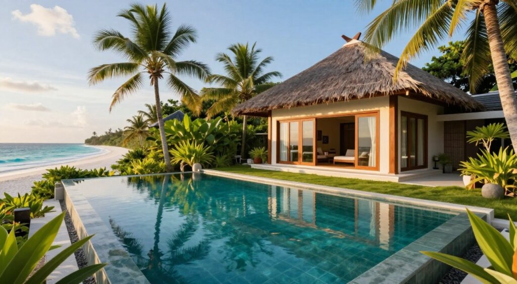 A serene private villa on Gili Trawangan, featuring a luxurious swimming pool surrounded by lush tropical gardens. In the foreground, the crystal-clear water of the pool reflects the vibrant greenery and the blue sky. The middle ground showcases the modern villa with large glass windows, elegant wooden accents, and a thatched roof. The villa is set against a backdrop of palm trees and the distant shoreline of Gili Trawangan, with soft white sand and gentle turquoise waves. The scene is bathed in warm, golden sunlight, creating a peaceful and inviting atmosphere. Capture this idyllic setting with a wide-angle lens, focusing on the harmonious blend of nature and luxury, evoking a sense of escape and tranquility.