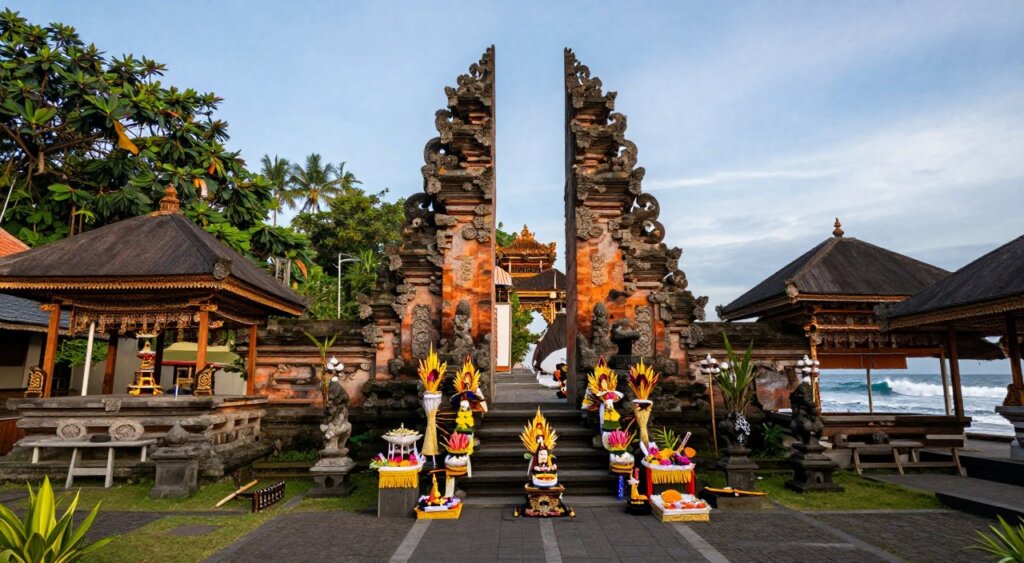 A serene scene capturing a cultural temple in Lombok, Indonesia, framed against the backdrop of lush greenery and gentle blue skies. In the foreground, delicate Balinese offerings are artistically arranged on stone steps leading to the temple entrance, showcasing vibrant colors and intricate details. The middle ground features the temple itself, adorned with ornate carvings and traditional motifs, bathed in soft morning light that highlights its majestic architecture. In the background, the ocean waves crash rhythmically on the shore, hinting at the nearby surf camp. The atmosphere is tranquil yet vibrant, reflecting the rich local culture. The photo is taken with a wide-angle lens to enhance perspective, ensuring an inviting and immersive experience for the viewer.