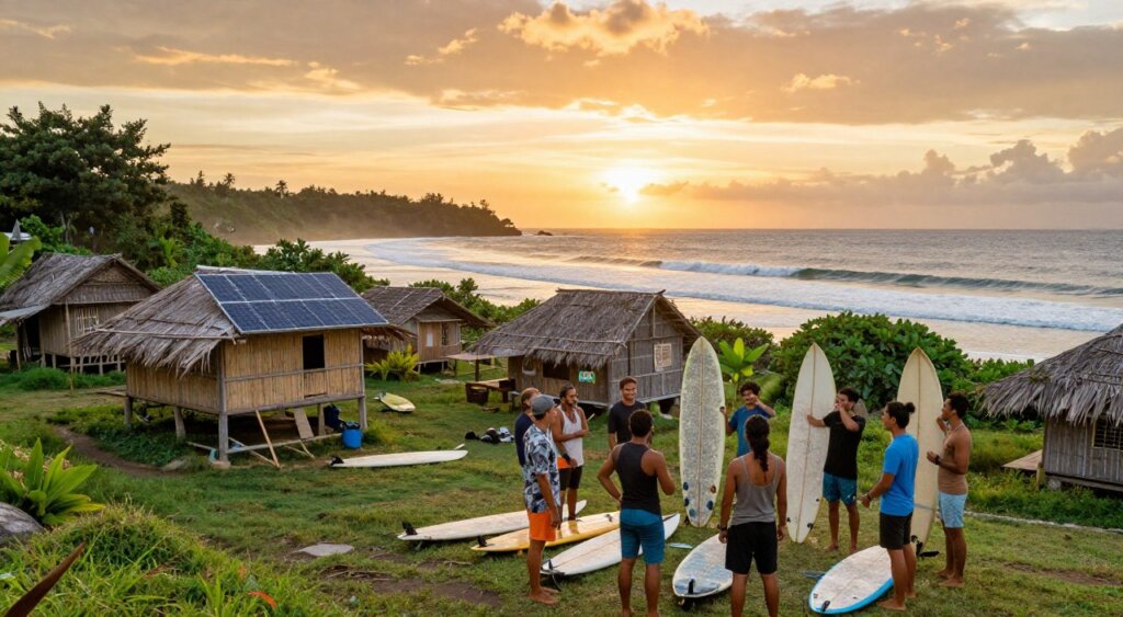 A serene scene capturing a sustainable surf camp in Lombok, Indonesia. In the foreground, a group of diverse surfers in modest casual clothing, joyfully discussing eco-friendly surfboards made from recycled materials. In the middle ground, their rustic camp with bamboo huts and solar panels, surrounded by lush greenery. The backdrop features the breathtaking coastline and gentle waves crashing against the shore under a vibrant sunset sky, casting warm golden light across the landscape. The atmosphere is peaceful and inviting, emphasizing the harmony between surfing, nature, and sustainability. Shot with a wide-angle lens to capture the expansive view, focusing on vibrant colors and rich textures, conveying a sense of community and environmental care.
