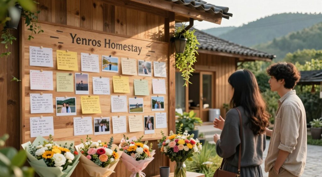 A serene scene depicting a cozy guest review wall at Yenros Homestay, featuring a detailed wooden board adorned with colorful handwritten notes and photographs from previous guests. In the foreground, a few beautifully arranged floral bouquets add a touch of warmth, while a couple of guests in modest casual clothing are engaged in conversation, expressing their delight. The middle ground showcases the wooden structure of the homestay, accented by vibrant greenery and tasteful decor, giving a welcoming ambiance. The background features rolling hills bathed in soft afternoon sunlight, creating a tranquil atmosphere. The overall mood is friendly and inviting, captured in natural light with a slightly blurred depth of field to emphasize the guest interactions while maintaining the homestay's charm.