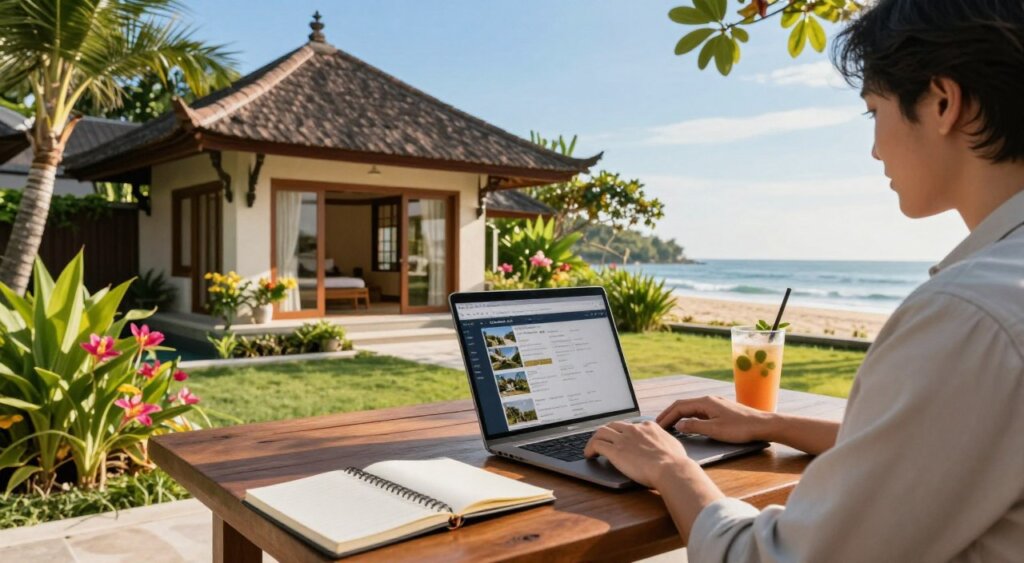 A serene scene depicting the process of booking a villa in Sanur, Bali. In the foreground, a person in smart casual attire is sitting at a stylish wooden table, using a laptop to browse villa listings, with a notebook and a tropical beverage beside them. The middle ground features a beautifully designed villa with Balinese architecture, surrounded by lush greenery and vibrant flowers, providing a sense of tranquility. In the background, the sunlight casts a warm glow, highlighting the sandy beach and calm sea under a clear blue sky. The atmosphere is inviting and joyful, evoking a sense of anticipation for a relaxing getaway. The composition captures a cozy, professional photojournalism style, emphasizing clarity and detail. A serene scene depicting the process of booking a villa in Sanur, Bali. In the foreground, a person in smart casual attire is sitting at a stylish wooden table, using a laptop to browse villa listings, with a notebook and a tropical beverage beside them. The middle ground features a beautifully designed villa with Balinese architecture, surrounded by lush greenery and vibrant flowers, providing a sense of tranquility. In the background, the sunlight casts a warm glow, highlighting the sandy beach and calm sea under a clear blue sky. The atmosphere is inviting and joyful, evoking a sense of anticipation for a relaxing getaway. The composition captures a cozy, professional photojournalism style, emphasizing clarity and detail.
