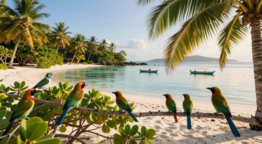 A serene scene in Gili Meno, capturing vibrant wildlife in its natural habitat. In the foreground, a group of colorful tropical birds perched on lush green branches, their feathers glistening in the sunlight. The middle ground features a tranquil lagoon with crystal-clear waters reflecting the blue sky, surrounded by soft white sand. A few small boats are gently bobbing on the water. In the background, dense palm trees offer shade and a feeling of isolation, while the distant silhouettes of hills enhance the sense of calm. The atmosphere is peaceful, highlighted by warm golden hour lighting, creating a soft glow over the landscape. The image should evoke a sense of adventure and serenity, perfect for showcasing the beauty of Gili Meno's wildlife. A serene scene in Gili Meno, capturing vibrant wildlife in its natural habitat. In the foreground, a group of colorful tropical birds perched on lush green branches, their feathers glistening in the sunlight. The middle ground features a tranquil lagoon with crystal-clear waters reflecting the blue sky, surrounded by soft white sand. A few small boats are gently bobbing on the water. In the background, dense palm trees offer shade and a feeling of isolation, while the distant silhouettes of hills enhance the sense of calm. The atmosphere is peaceful, highlighted by warm golden hour lighting, creating a soft glow over the landscape. The image should evoke a sense of adventure and serenity, perfect for showcasing the beauty of Gili Meno's wildlife.